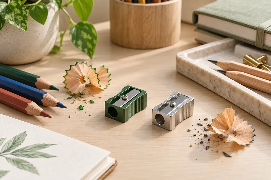 Compact manual pencil sharpener and sharpened pencils on a clean classroom desk